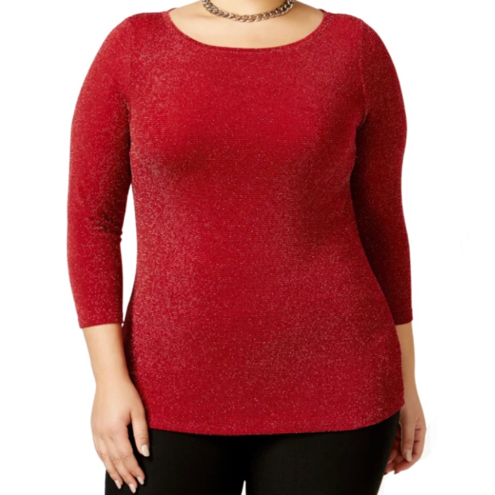 Michael Kors Metallic Red 3/4 Sleeve Boat Stretch Neck Thin Sweater Size L